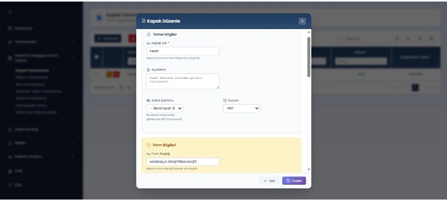 Kapak Tasarım ve Form Yapılandırma Ekranı